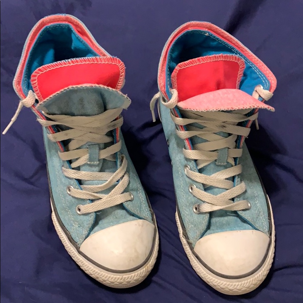Light Blue and hot pink High Top Converse